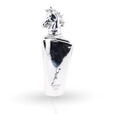 Lattafa Maahir Legacy white perfume bottle with silver horse cap